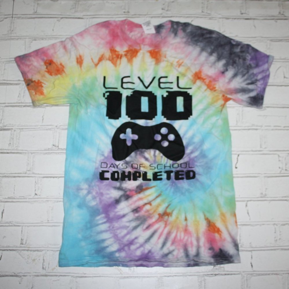 🎮“Level 100 Days of School” Tie-Dye Tee – Girls L